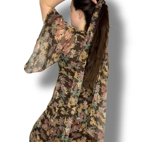 Vintage 1970s One of a Kind Brown Floral Semi-Sheer Wrap Dress - Picture 4 of 11